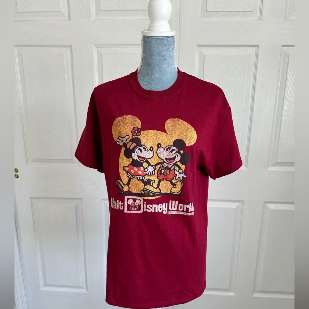 NEW Disney Women Dark Red Gold Cotton Minnie MickeyTeeshirt Size Medium